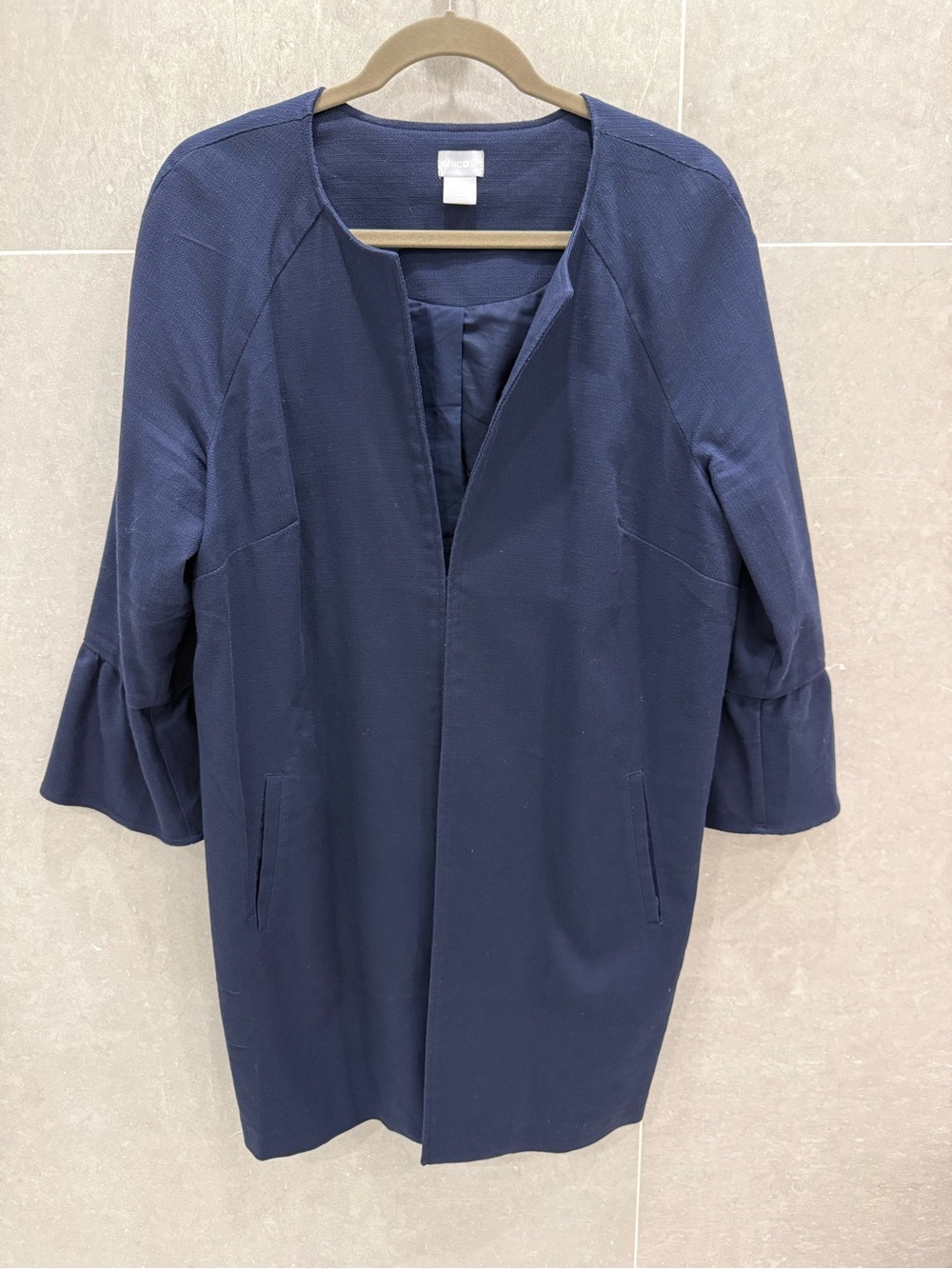 Chico's Dark Navy Textured Lined Jacket - hook closure